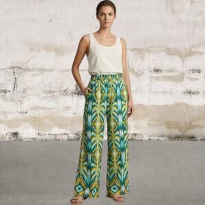 FARM Rio Green & Yellow Tropical-Print Wide Leg Pants